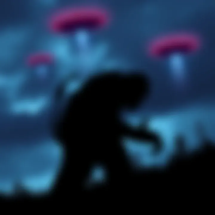 A silhouette of Bigfoot walking under a night sky with UFOs hovering above.
