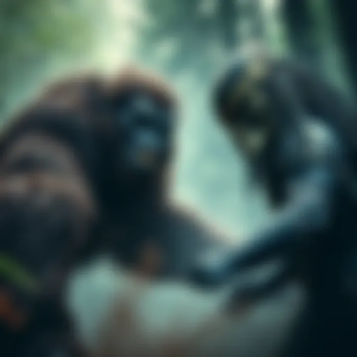 A fierce encounter between Bigfoot, a large hairy creature, and a masked Predator warrior in a forest setting, showcasing their strength and intensity.