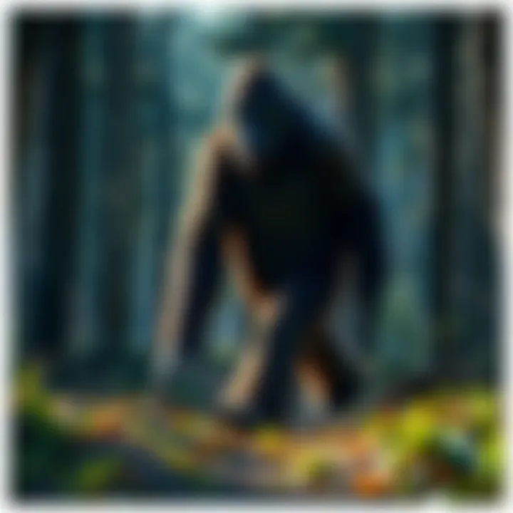 A large, hairy creature resembling Bigfoot strides through a dense forest, surrounded by trees and underbrush.