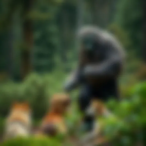A large, hairy creature resembling Bigfoot stands protectively among a group of abandoned dogs in a lush green forest, showing a bond between them.