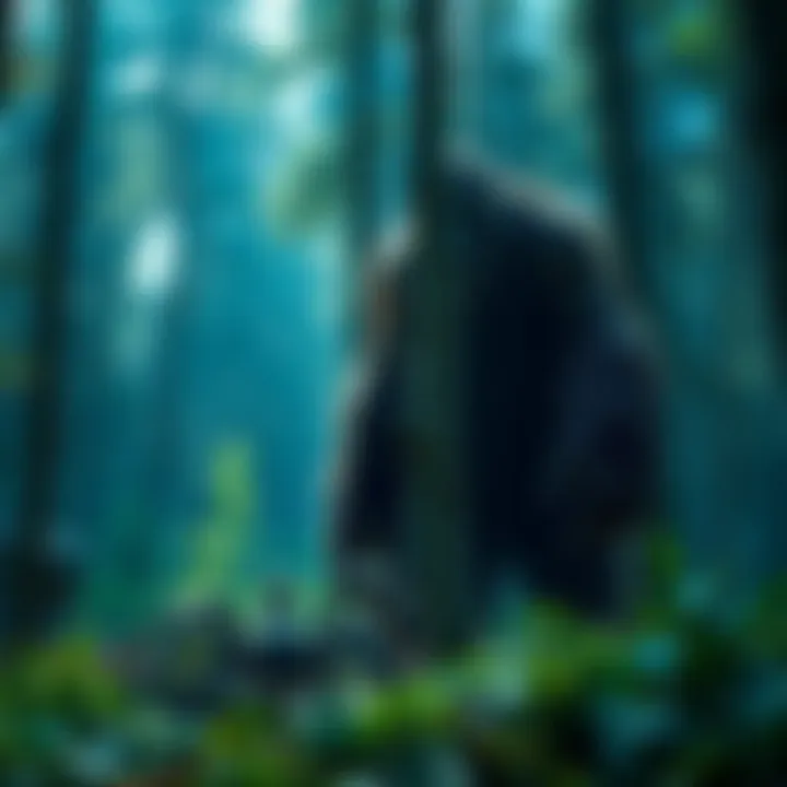 A large, hairy figure resembling Bigfoot stands among trees, while a faint shadow resembling a spider crawl appears in the foreground.