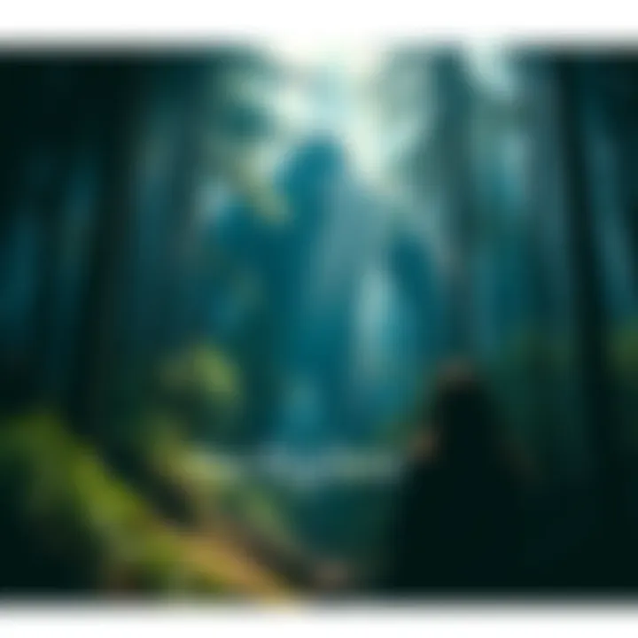 A giant Bigfoot figure lurking among trees in a dark forest, with a startled woman nearby.