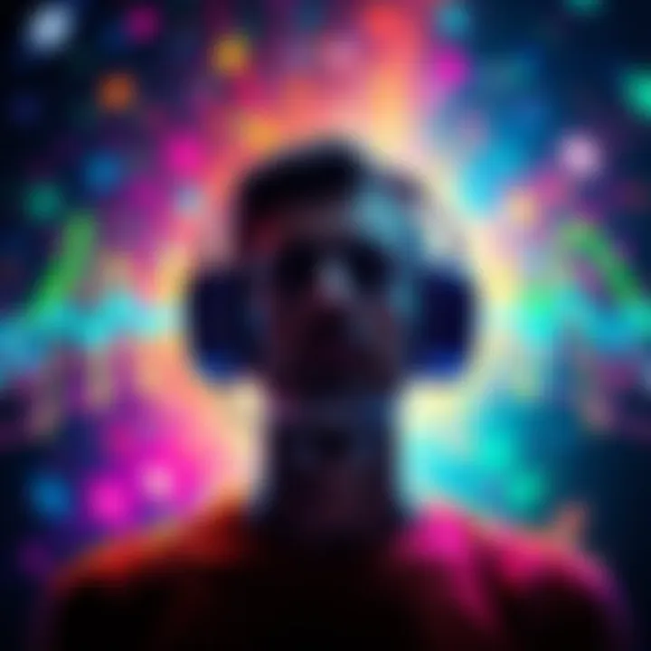A person wearing headphones surrounded by sound waves and vibrant colors, illustrating astral projection and meditation.