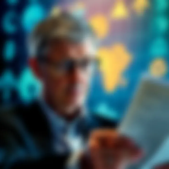 Bill Gates looking concerned while reviewing documents linked to Epstein, with a blurred image of climate change symbols in the background.