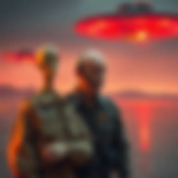 Bill Uhouse with Alien J-Rod WWII pilot Bill Uhouse standing next to an alien figure named J-Rod at Area 51, with UFOs in the background.