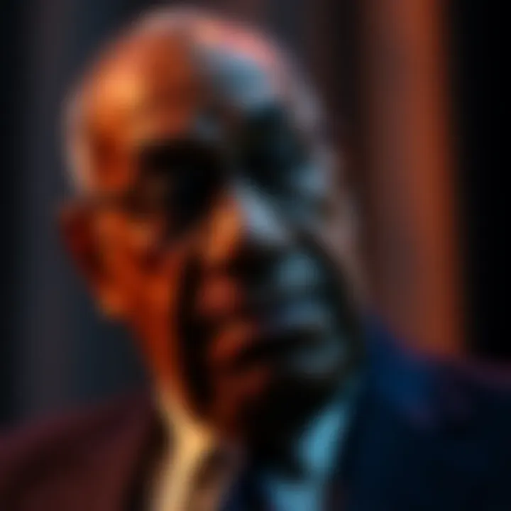Bill Cosby Contemplating Bill Cosby looking thoughtful, with shadows suggesting conflict, representing the debate over his legacy and conspiracy theories.