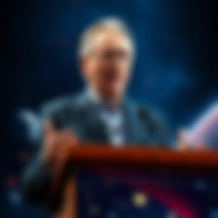 Bill Maher speaking at a podium with a thoughtful expression, surrounded by a cosmic background of stars and planets, hinting at his new beliefs in celestial beings.
