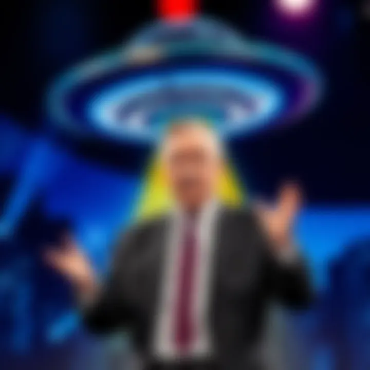 Bill Maher on stage talking about UFOs with a graphic of a UFO behind him