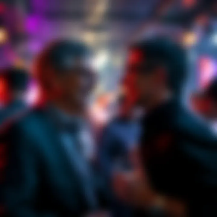 Bill Gates at a party Bill Gates chatting with a former Microsoft employee at a lively underground party with colorful lights