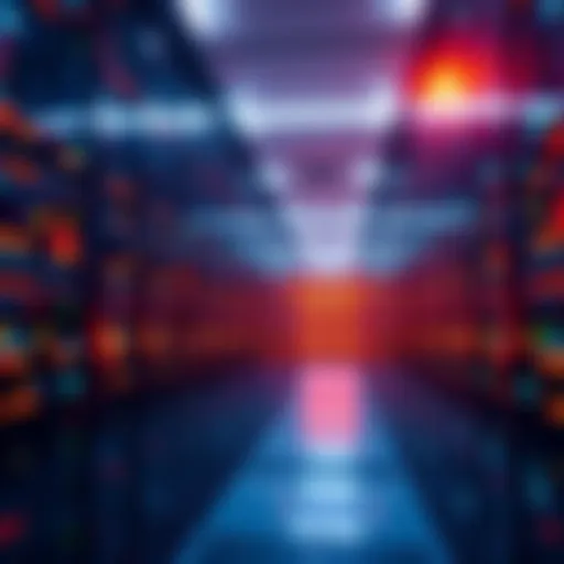 A futuristic data center filled with servers and bright lights, symbolizing the storage of consciousness data for immortality.
