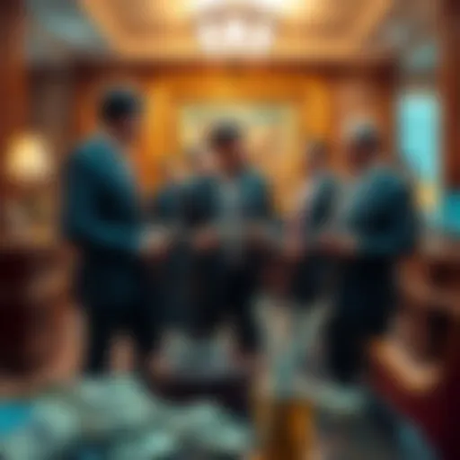 A group of wealthy individuals in suits, surrounded by symbols of wealth like money and stocks, discussing strategies in a luxurious office space.