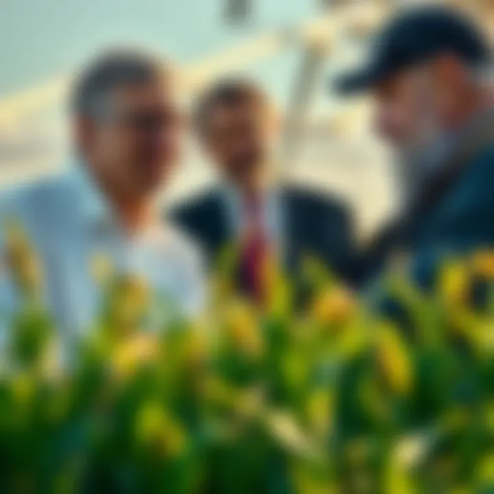 Bill Gates, Bayer-Monsanto, and Harry Stine are seen discussing strategies over a field of crops, highlighting their influence in US agriculture.