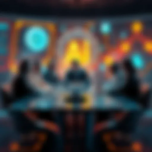 A group of billionaires discussing investment plans over a table with futuristic technology and AI graphics in the background.