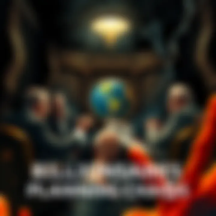 Billionaires Planning Chaos A group of wealthy individuals discussing plans in a dark room, with a globe and symbols of chaos around them, hinting at their intentions to create disaster for alien help.