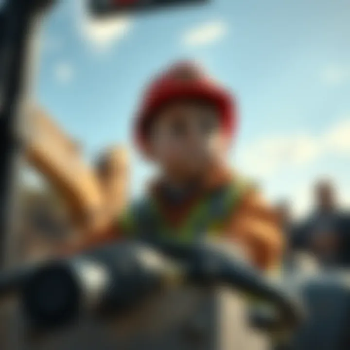 Billy looks worried while operating an excavator with friends watching him
