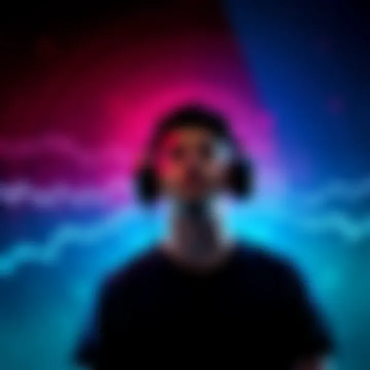 A person with headphones in a meditative state surrounded by sound waves representing binaural beats, symbolizing expanded consciousness.