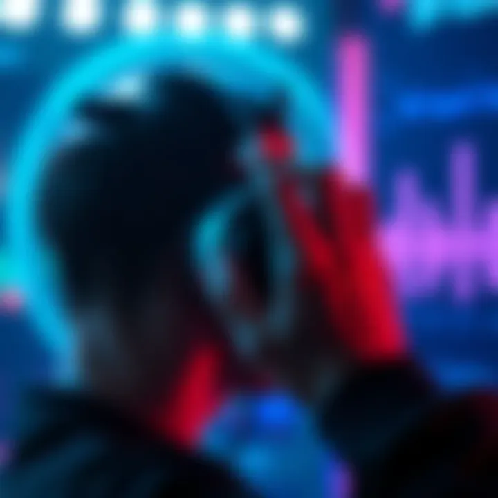 Person adjusting volume on a headphone device while listening to binaural beats music