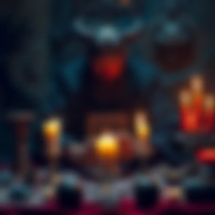 A practitioner performing a ritual with candles and a talisman, focusing on binding demon energy, surrounded by mystical symbols and tools.