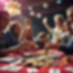 People celebrating a Bingo game win with cards and coins on a table.