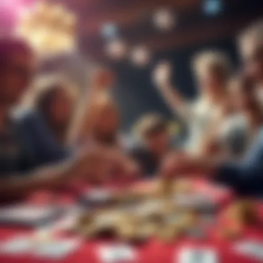 People celebrating a Bingo game win with cards and coins on a table.