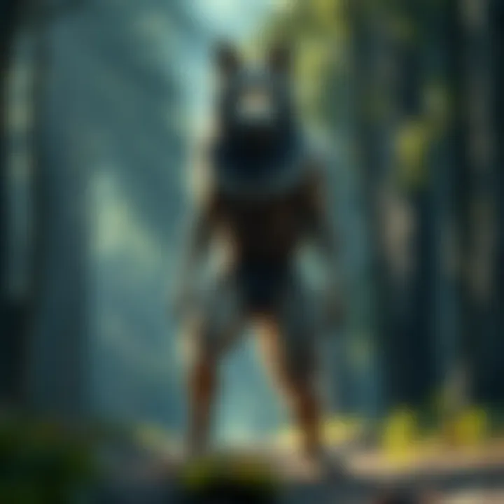 Bipedal Canine Figure A tall, bipedal canine figure standing in a forest, resembling a mix between a wolf and a human, with strong limbs and fur covering its body.