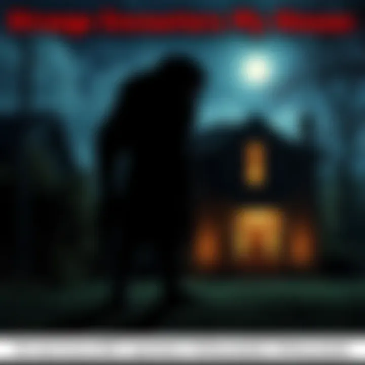 Bipedal Figure Near House A dark, large bipedal figure stands close to a house under the moonlight, with eerie shadows and an unsettling atmosphere.