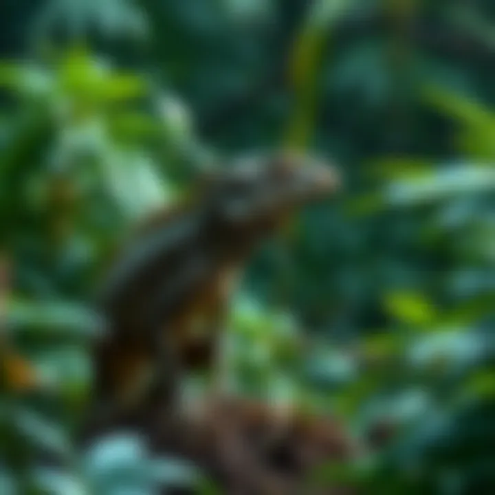 A bipedal reptile standing among lush greenery in the Amazon rainforest, showcasing its unique features and habitat.