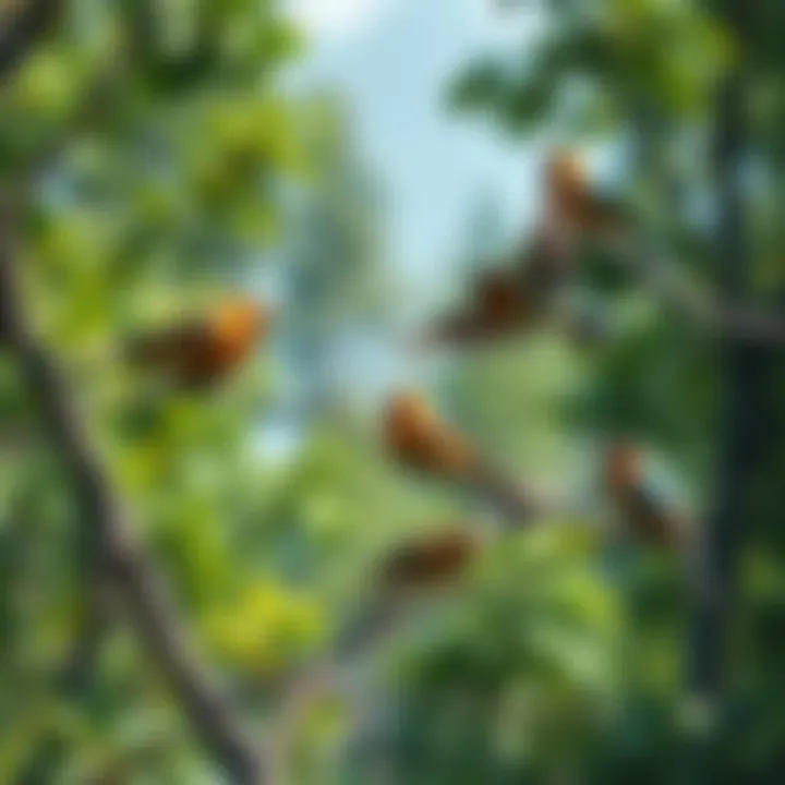 A lively scene of various birds perched on branches, singing joyfully in a bright green forest during the day.