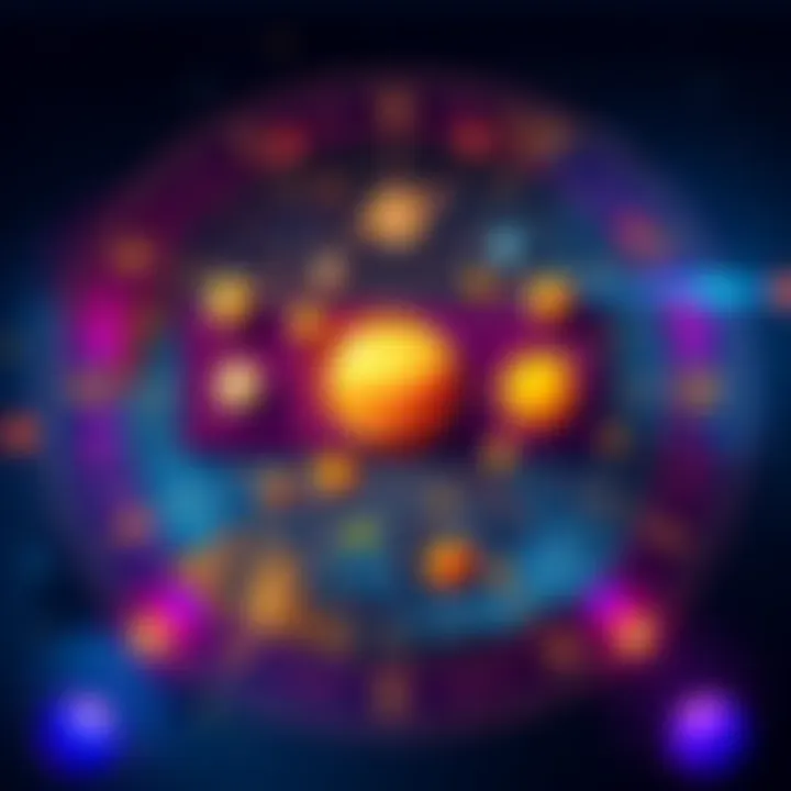 A colorful birth chart showing planets and zodiac signs with lines connecting them, symbolizing relationships and personal insights.