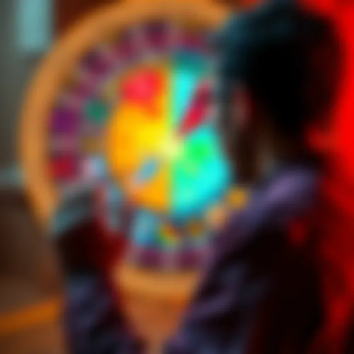 An individual examines a colorful birth chart with astrological symbols, reflecting on their gender identity.