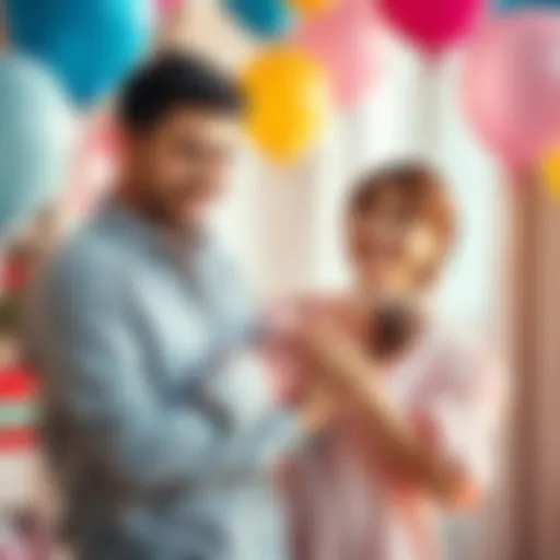 A joyful family holding a newborn baby girl, surrounded by balloons and smiles, celebrating the new arrival