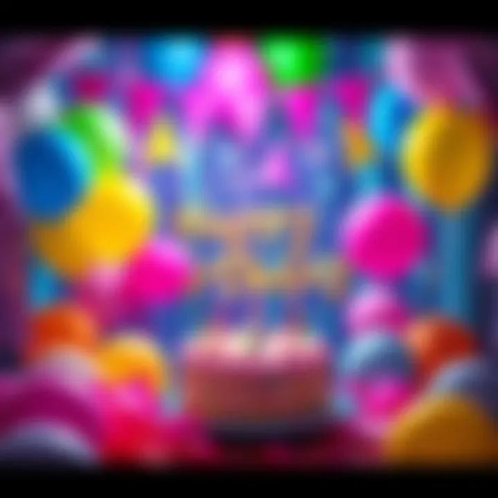 A vibrant birthday party scene with balloons, cake, and decorations for March 5 Pisces birthdays