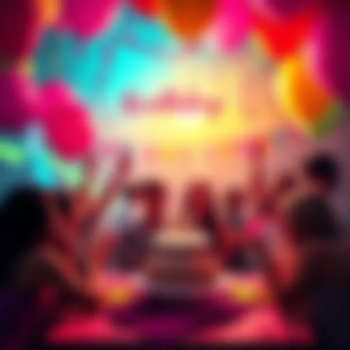 A vibrant birthday party scene with balloons, cake, and people enjoying themselves