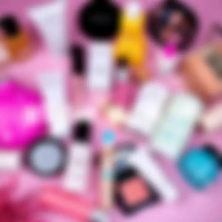 A variety of beauty products laid out for a birthday glow up, including skincare and makeup items.