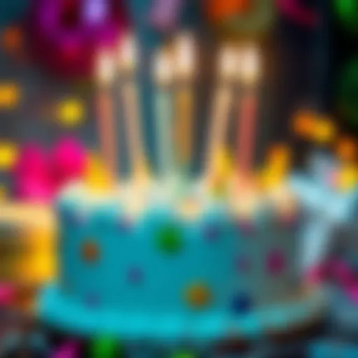 A colorful birthday cake with 13 candles on top, surrounded by festive decorations
