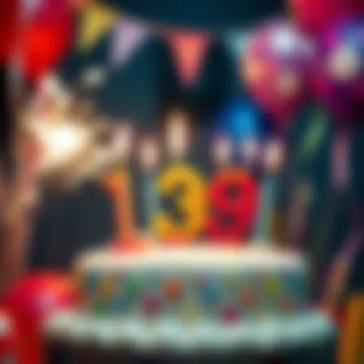 A colorful birthday cake with candles, decorated with the number three and festive balloons, symbolizing a special birthday celebration.