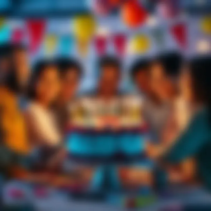 A group of friends gathered around a birthday cake, smiling and celebrating together, surrounded by colorful decorations.