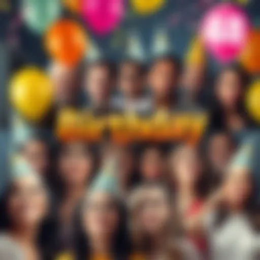 Collage of celebrities with birthday hats and balloons