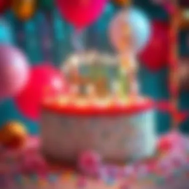 A colorful birthday cake with candles surrounded by party decorations and balloons, celebrating February 15th birthdays.