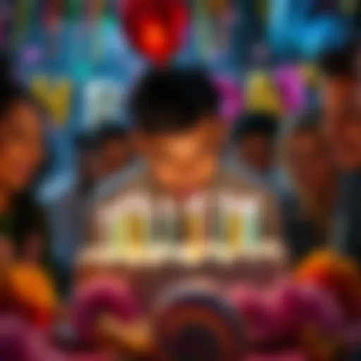 A person blowing out candles on a birthday cake surrounded by friends and colorful decorations