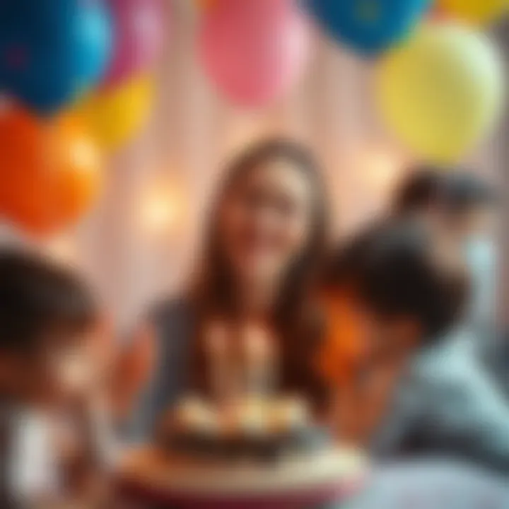 A joyful Pisces woman surrounded by balloons and a birthday cake, smiling with her children during a birthday party.
