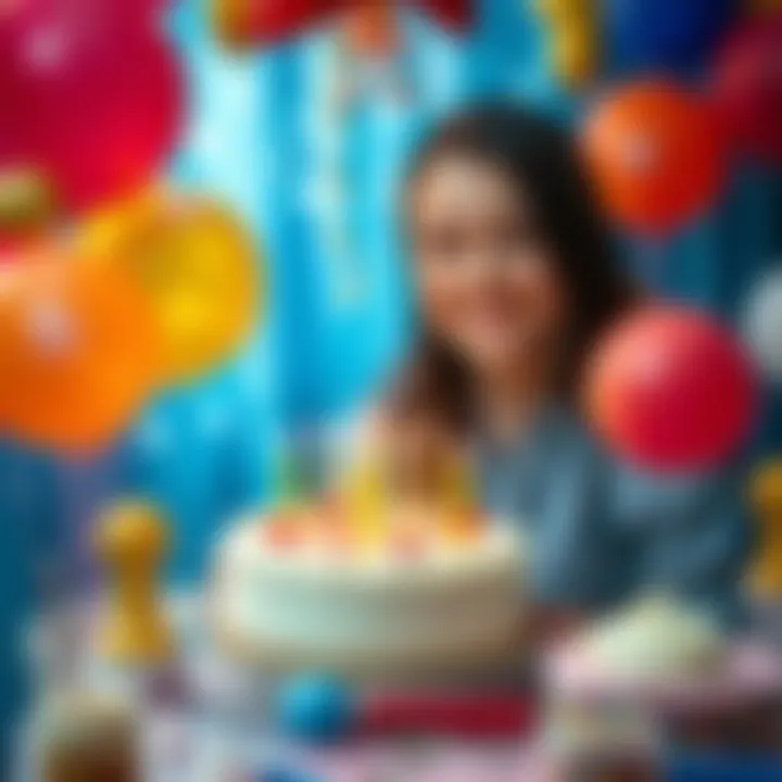 A person smiling while holding a birthday cake with candles, surrounded by colorful balloons and decorations, reflecting a hopeful mood.