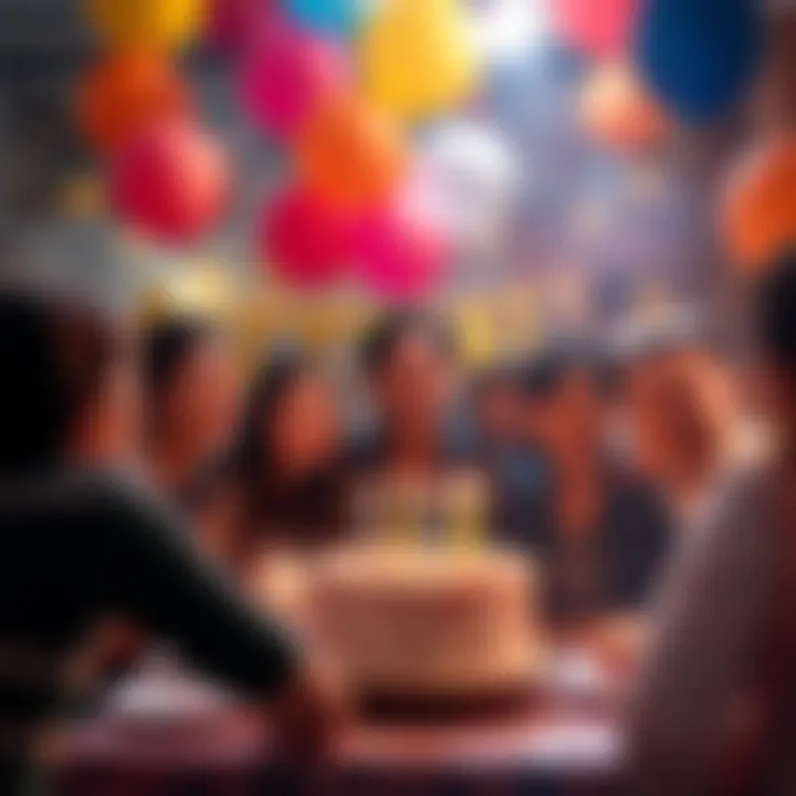 A joyful birthday party scene with balloons, a cake, and friends gathering to celebrate life.