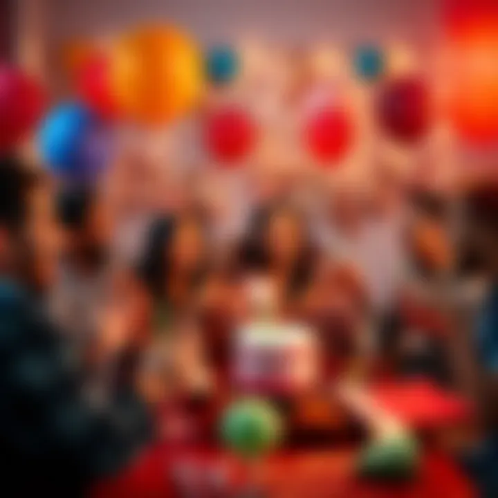 A group of friends celebrating a birthday party with balloons and drinks, laughing and having fun together.