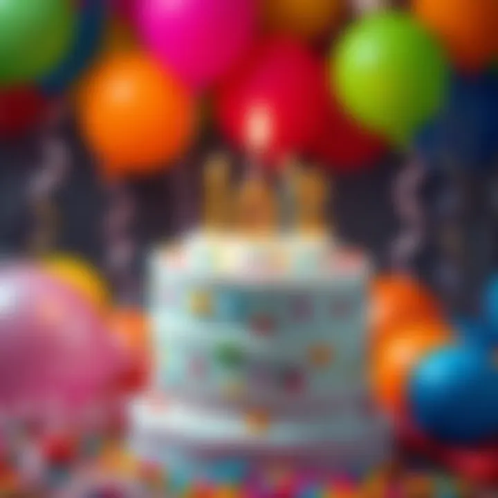 A joyful birthday cake surrounded by colorful balloons and party decorations