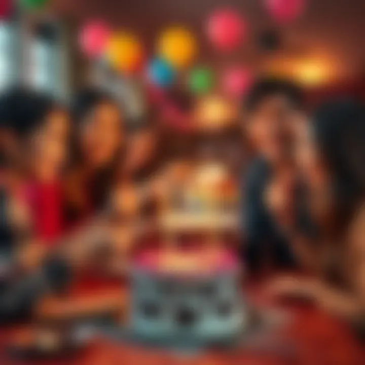 A joyful scene of friends sharing birthday treats like cake and snacks, celebrating together.