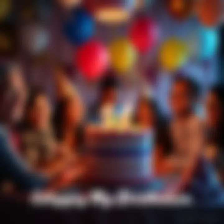 A joyful birthday party scene with friends gathered around a colorful cake, balloons, and decorations, sharing laughter and smiles.