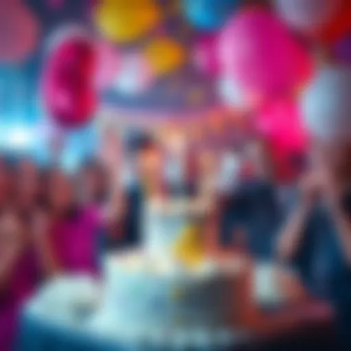 A festive birthday scene with a cake, balloons, and people celebrating.