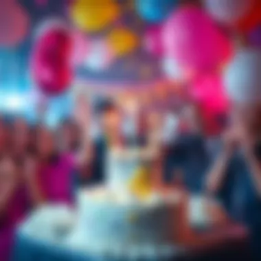 Birthday Celebration A festive birthday scene with a cake, balloons, and people celebrating.