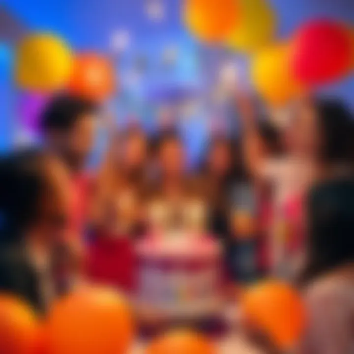A group of friends celebrating a birthday with cake and balloons